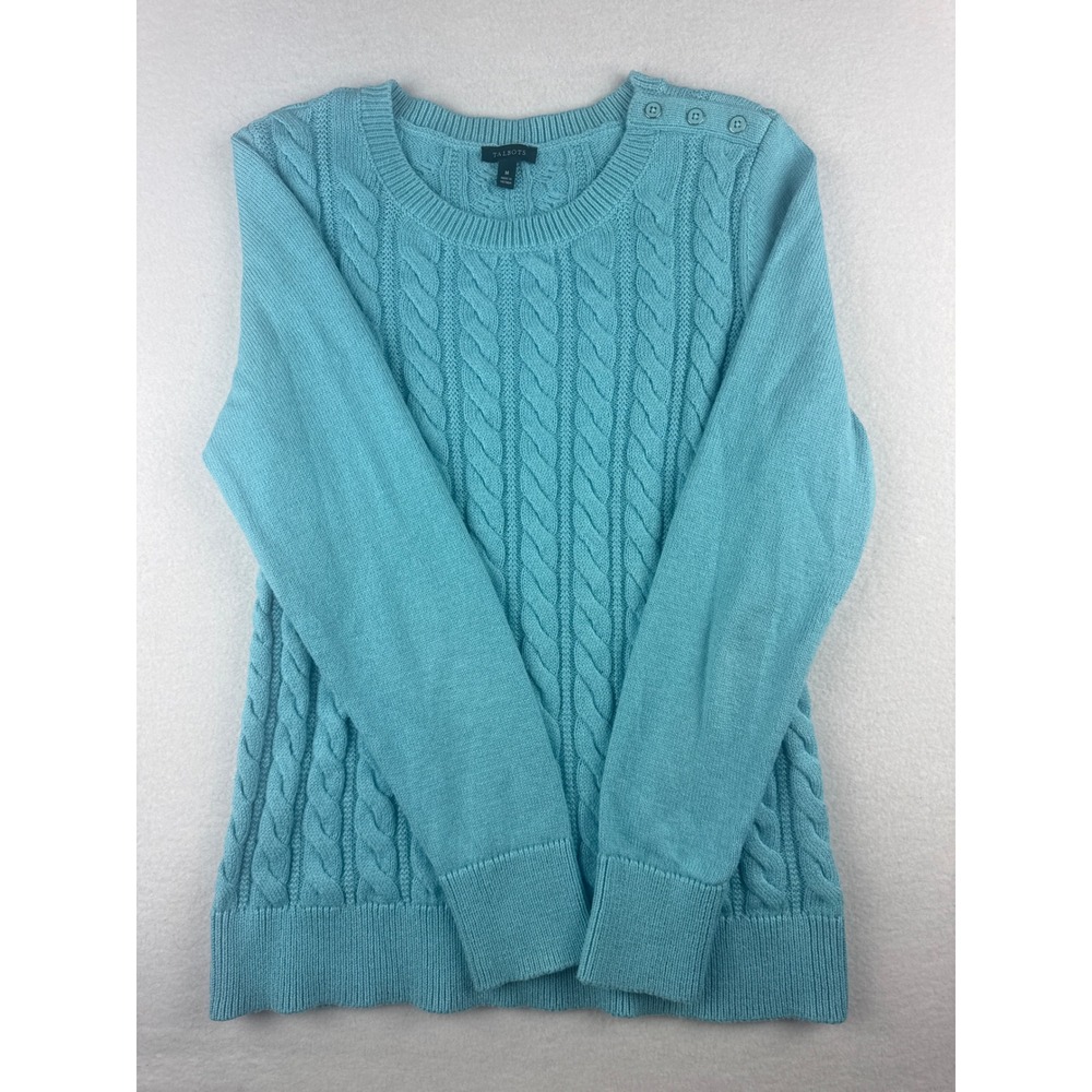 Talbots Womens Turquoise Blue Cable Knit Shoulder Button Sweater Size M Medium